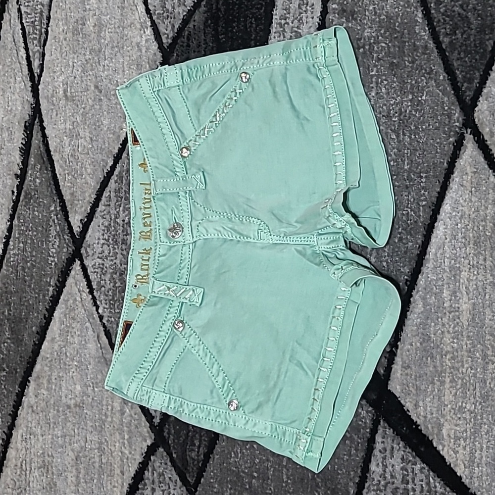 ROCK REVIVAL MINT EMBROIDERED RHINESTONES SILVER STITCH SHORTS
